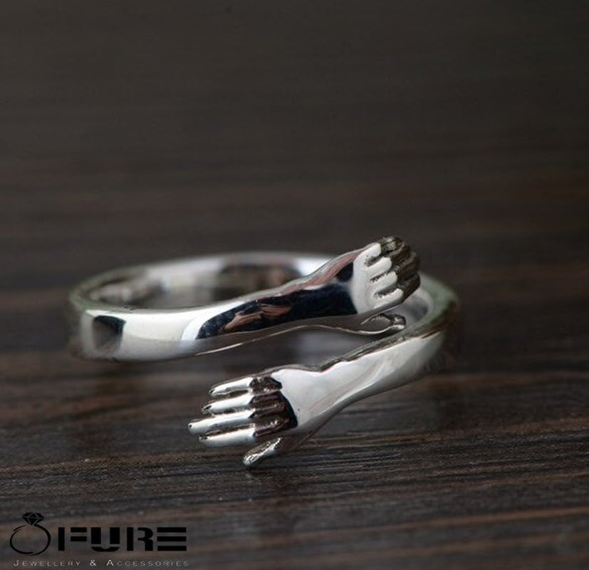 Adjustable 925 Sterling Silver Pltd Embrace Hug Protective Hands Finger Ring