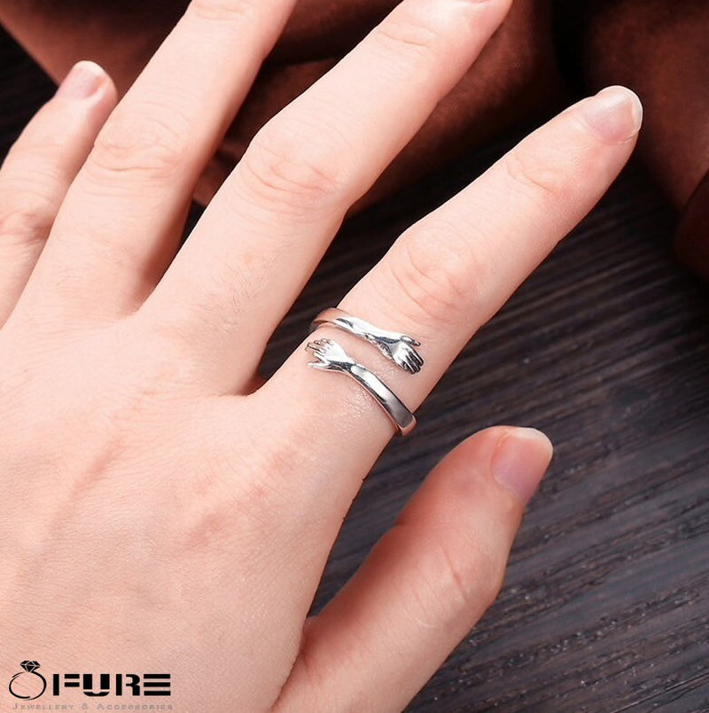 Adjustable 925 Sterling Silver Pltd Embrace Hug Protective Hands Finger Ring