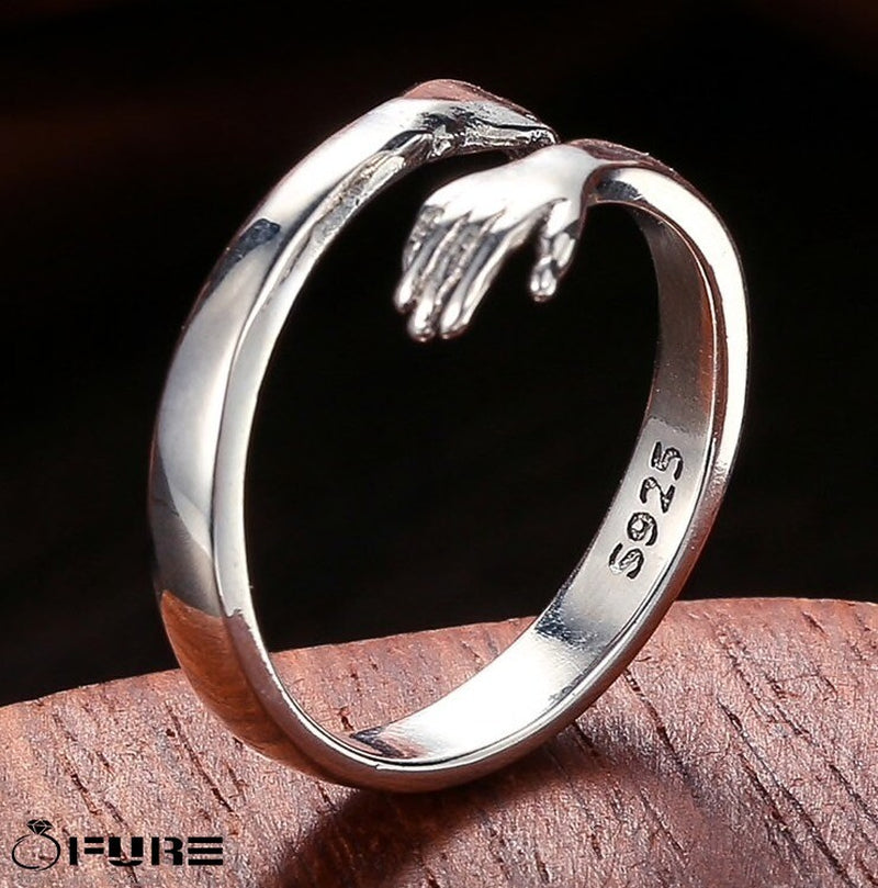 Adjustable 925 Sterling Silver Pltd Embrace Hug Protective Hands Finger Ring