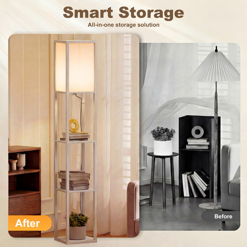 HOMCOM Floor Lamp Reading Lamp with 3-Tier Storage Shelf for Home Office Oak