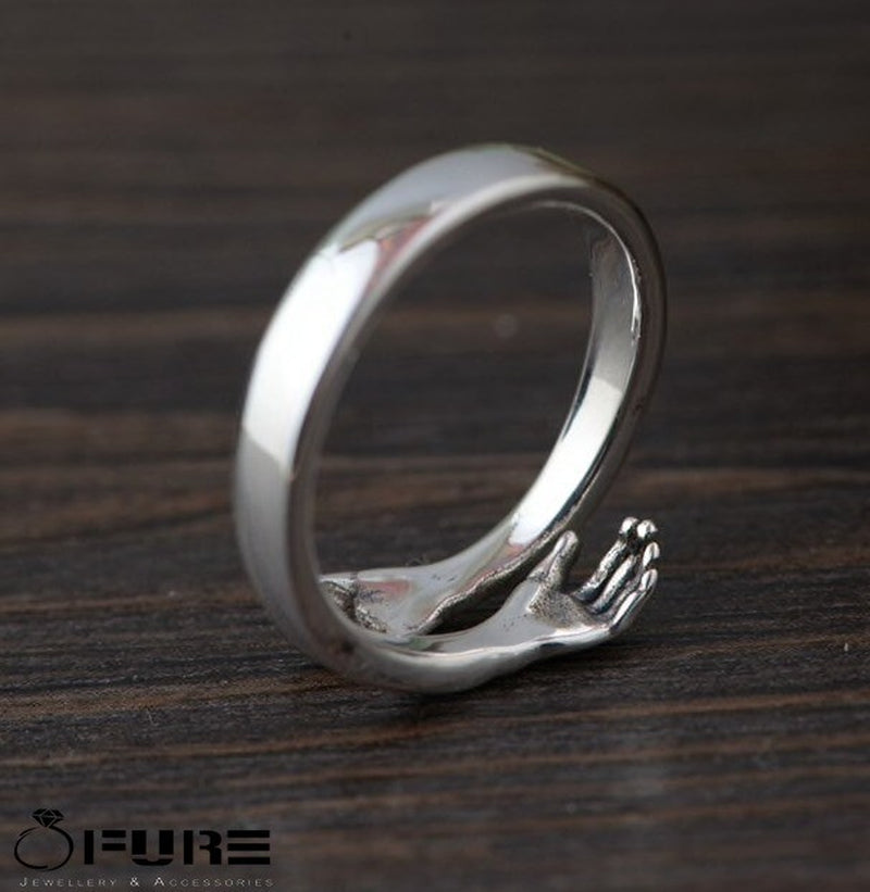 Adjustable 925 Sterling Silver Pltd Embrace Hug Protective Hands Finger Ring