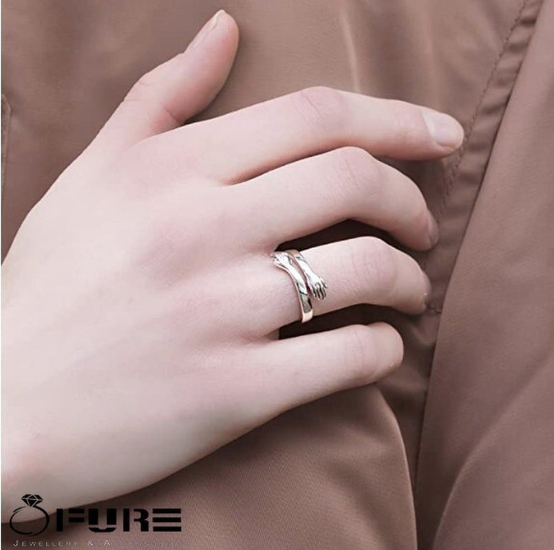 Adjustable 925 Sterling Silver Pltd Embrace Hug Protective Hands Finger Ring