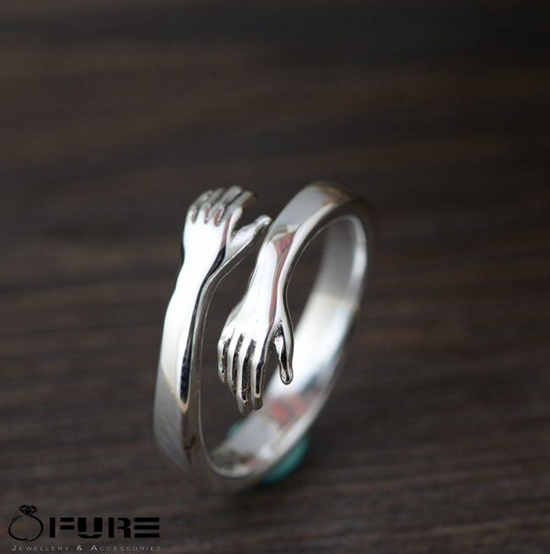 Adjustable 925 Sterling Silver Pltd Embrace Hug Protective Hands Finger Ring