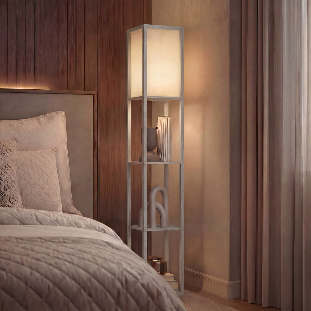 HOMCOM Floor Lamp Reading Lamp with 3-Tier Storage Shelf for Home Office Oak