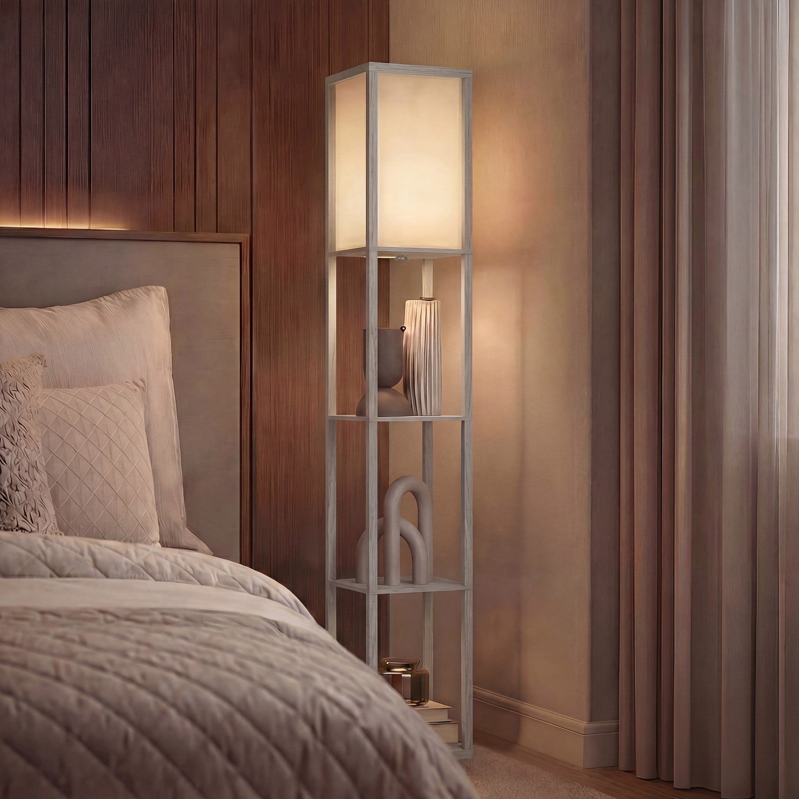 HOMCOM Floor Lamp Reading Lamp with 3-Tier Storage Shelf for Home Office Oak