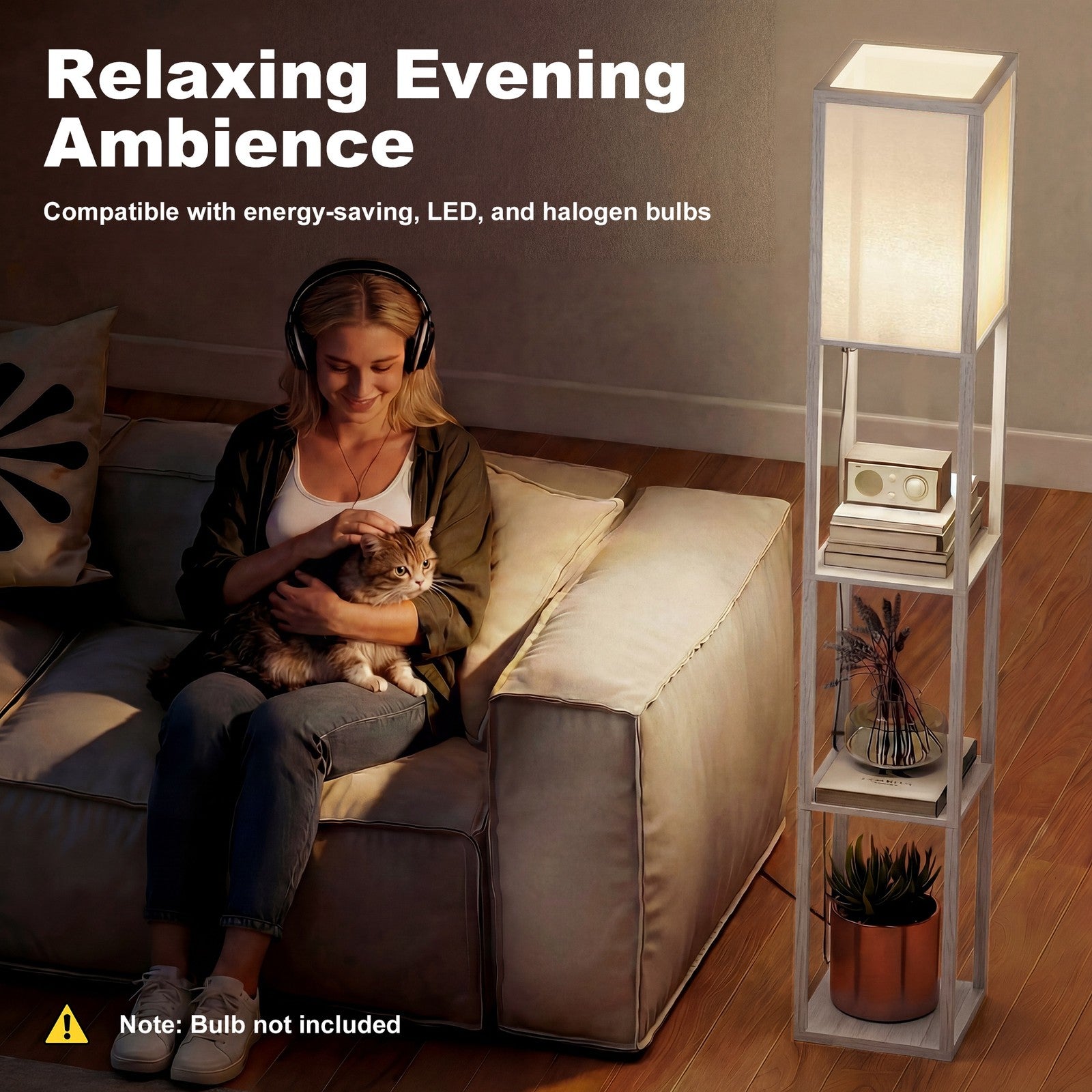 HOMCOM Floor Lamp Reading Lamp with 3-Tier Storage Shelf for Home Office Oak