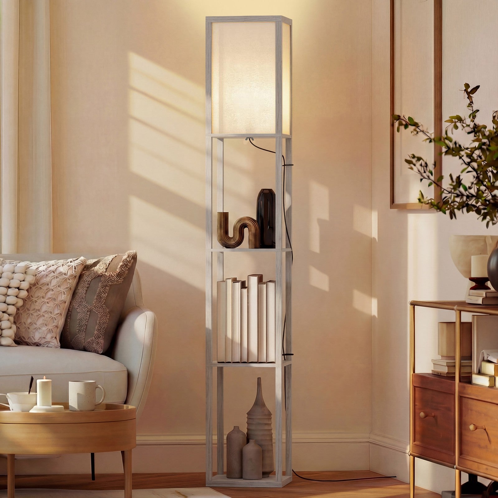 HOMCOM Floor Lamp Reading Lamp with 3-Tier Storage Shelf for Home Office Oak
