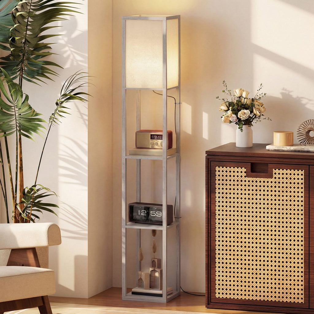 HOMCOM Floor Lamp Reading Lamp with 3-Tier Storage Shelf for Home Office Oak